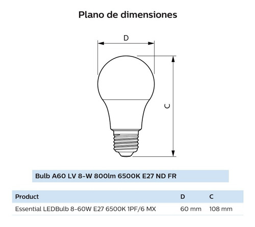 Paquete 4 Piezas Foco Philips 8w (60w) Led Luz Fria 6500k