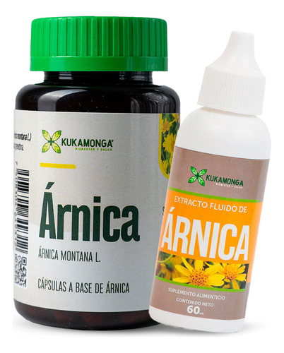 Kit 1 Árnica 60 Cápsulas Com 1 Extracto Ánica 60 Ml Sin sabor 100% Natural Contribuye a el Alivio Muscular y Cuidado de la piel Kukamonga