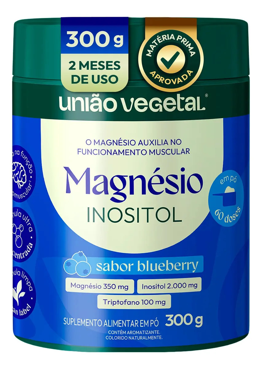 Magnésio Inositol com Triptofano em Pó – 350mg Magnésio + 2.000mg Inositol + 100mg Triptofano – O Magnésio Auxilia no Funcionamento Neuromuscular e Muscular – União Vegetal 300g 60 Doses