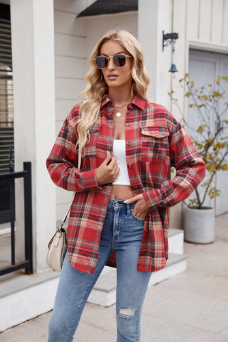 Blusa De Manga Larga Para Mujer Cuadros Moda Bolsillo Suelto