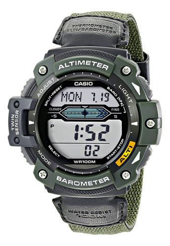 Reloj Casio Outgear Sgw 300hb Tela Altimetro Barometro Correa Verde Musgo Bisel Verde Musgo Fondo Verde
