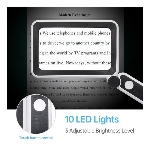 Lupa Grande Con Luces Led, Lámpara De Lectura De Mano, 4x
