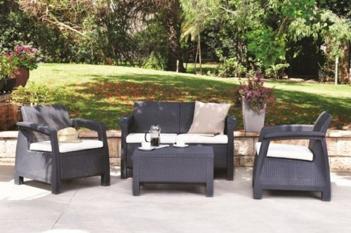 Juego De Living Exterior Rattan Sintético 4 Piezas Estructura Gris Oscuro