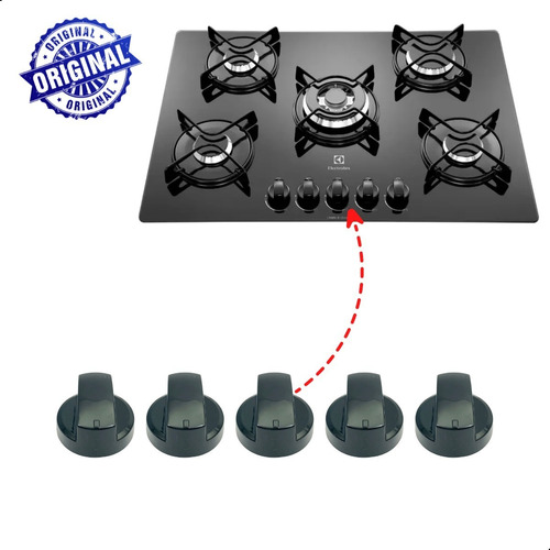 5x Botão Para Cooktop Electrolux Gc60v Gc75v Manipulo Preto