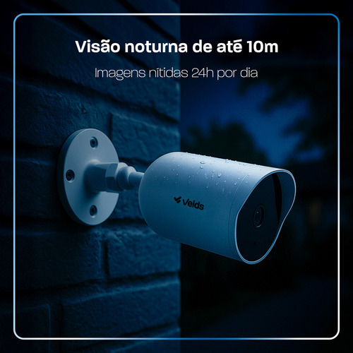 Câmera Inteligente Externa Velds, Wi-Fi, 2K, Resistente à Água IP66, Visão Noturna Infravermelha, Detecção de Movimento, Áudio Bidirecional, Cartão SD até 256GB, Branco