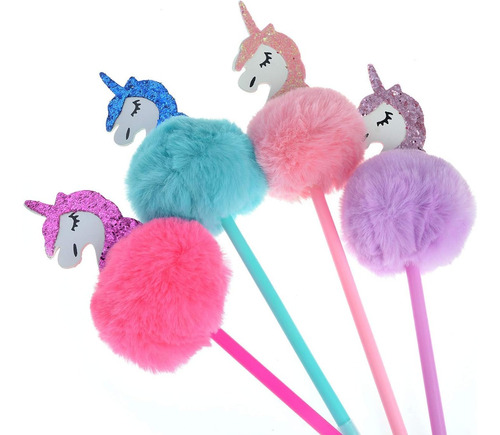 Set De 2 Lapices Diseño Unicornio Con Pompones De Colores