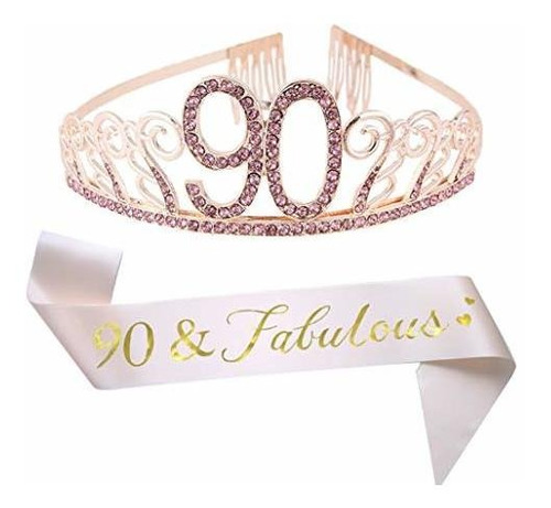 90 Cumpleaños Rosa Tiara Y Faja, 90 Y Fabuloso Faja De Satr