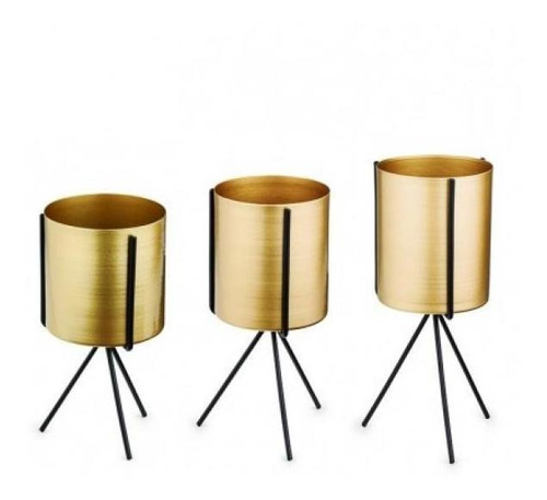 Kit 3pçs Cachepô Com Suporte De Metal - Dourado