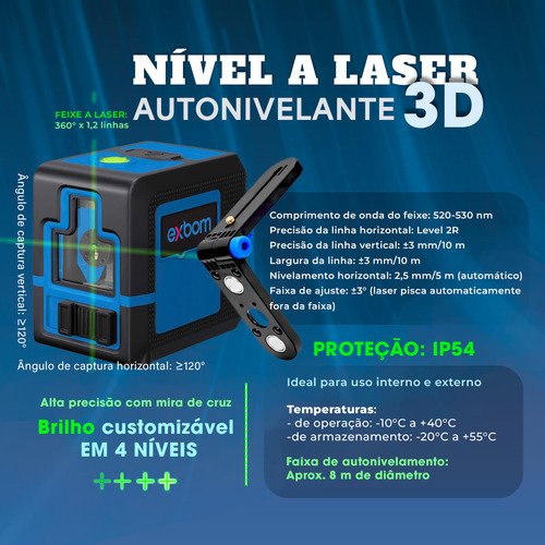 Nível A Laser Profissional 3d 2 Linhas Com Ajuste De Brilho