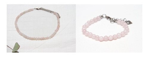 Combo De Collar Gargantila  Y Pulsera De Piedra Cuarzo Rosa