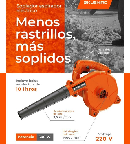 Imagen 4 de 5 de Sopladora Aspirador Electrico 600w Bolsa Recolectora Kushiro