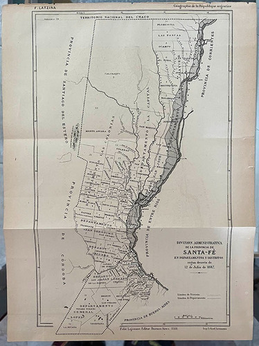 Antiguo Mapa División Administrativa Prov Santa Fe Año 1887
