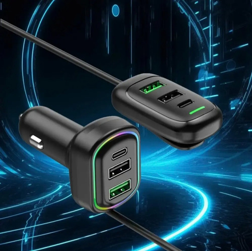 Cargador Para Auto 6 En 1. 4 Salida Usb. 2 Salida Tipo C Negro
