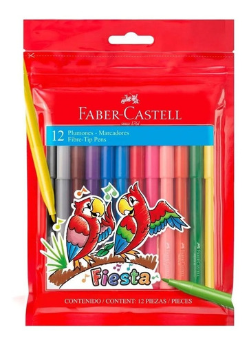 12 Plumones Marcadores Fiesta Colores Escolar Faber Castell