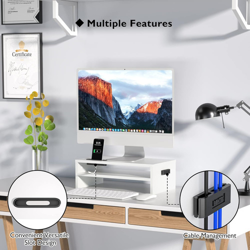 Soporte De Monitor De Madera Blanca De 2 Niveles Con Almacen