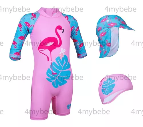 Traje De Baño Niña Unicornio + Gorro Natacion + Gorro Sol