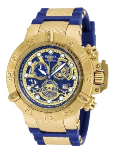 Reloj pulsera Invicta Subaqua 18527 de cuerpo color oro, analógico, para hombre, fondo azul, con correa de acero inoxidable/silicona color oro y azul, agujas color blanco y azul y gris, dial blanco y azul, subesferas color azul y oro y gris, minutero/segundero negro, bisel color oro y hebilla simple