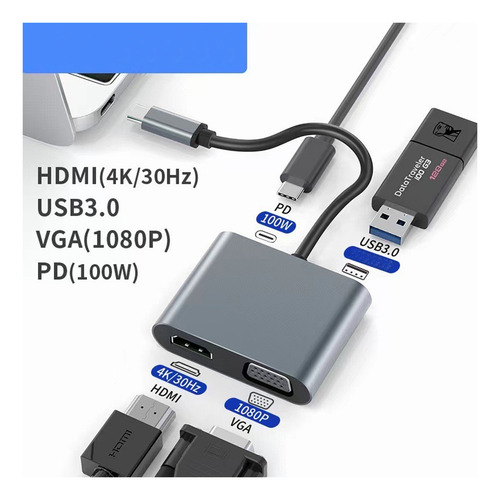 Adaptador Usb C Hub 4 En 1 Hdmi 4k / Vga / Tipo C / Usb 3.0