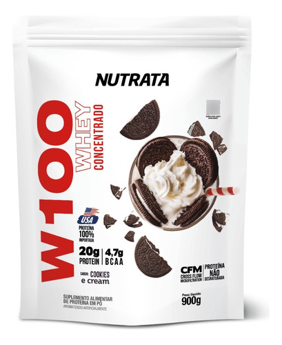 Suplemento em pó Nutrata  W100 WHEY Whey Protein W100 900g - Sabores - Nutrata whey protein Whey Protein W100 900g - Sabores - Nutrata sabor  cookies e cream em recarga de 900g