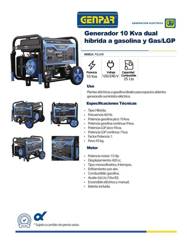 Imagen 2 de 3 de Planta Eléctrica Genpar Dual Híbrida A Gasolina Gas/lgp 10kv