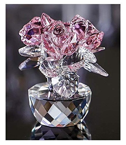 Qfkris Ramo De Rosas De Cristal Rosa, Figurita De Cristal Pa