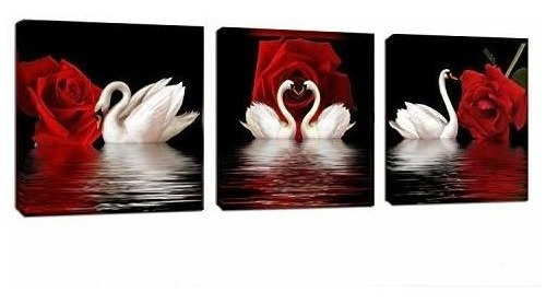 Amoy Art -3 Paneles Hermosos Cisnes Romanticos Impresion D