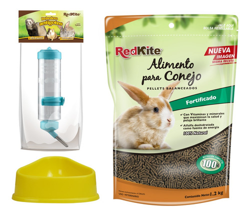 Alimento Para Conejo Red Kite 1.2kg, Bebedero 250ml, Plato 