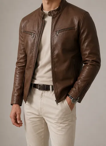 Jaqueta De Couro Sintético Masculina Slim Fit Preta Marrom