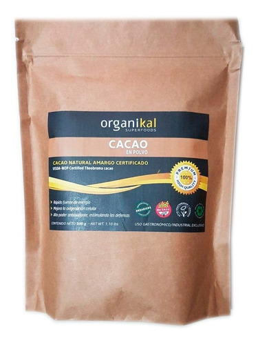 Cacao En Polvo Natural Amargo X500g Hgl Organikal