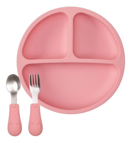 Kit Prato C/ Ventosas Talheres Em Silicone E Inox Rosa Buba