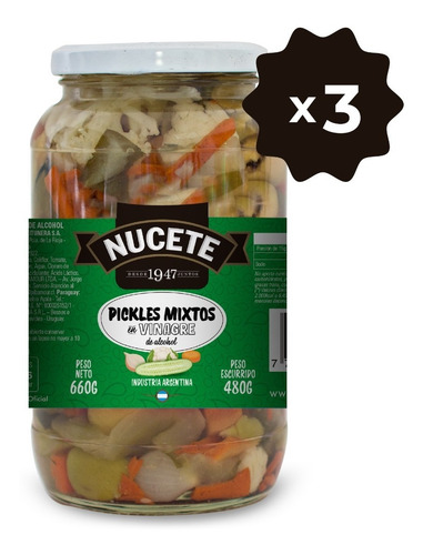 Imagen 1 de 3 de Combo Pickles En Vinagre Frasco Nucete 330 Gr X 3