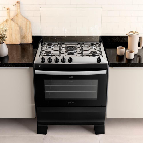 Fogão 5 Bocas Preto Com Mesa Inox Atlas Agile Up Bivolt