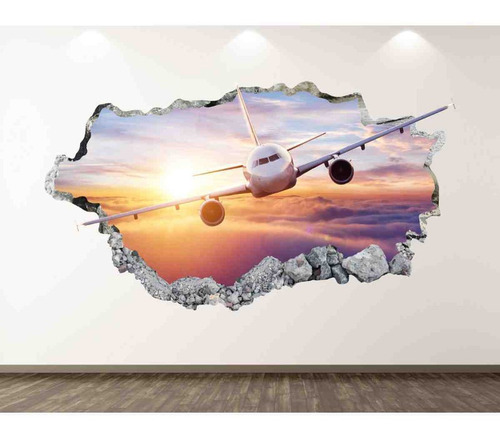 Vinilo 3d Pared Rota Avión Comercial Nubes Turismo Viajes