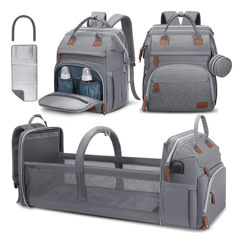 Mochila Bebé Cuna Portátil Impermeable Usb Gris