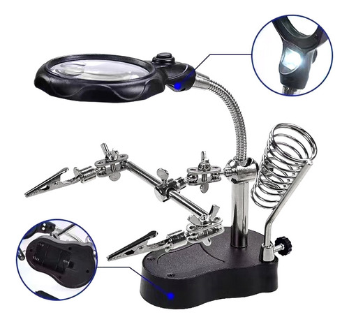 Lupa Para Soldar Atril De Base Con Luz Led Y Pinzas 3.5/12x