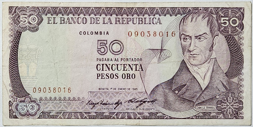 Billete 50 Pesos 01/ene/1985 Sin Fibras Colombia Vf