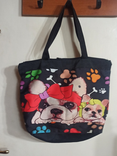 Bolso Lona Negro Estampa Perritos Con Cierre Para Playa Di 