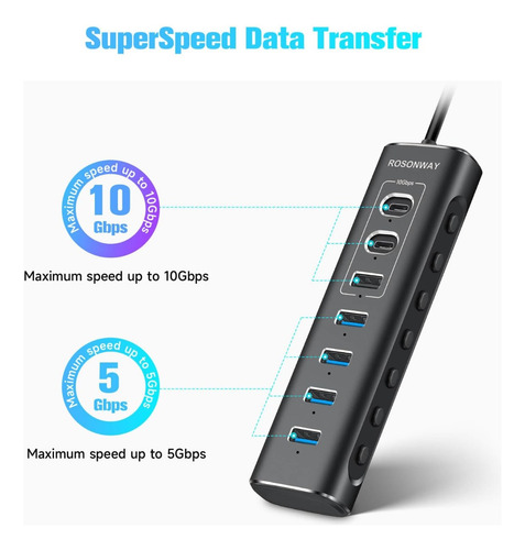 Concentrador Usb Con Alimentación 7 Puertos 10gbps Rsh-a107c