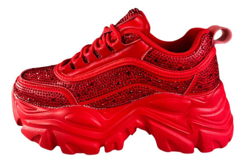 Tenis En Tendencia Con Plataforma Chunky Brillos Total Rojos