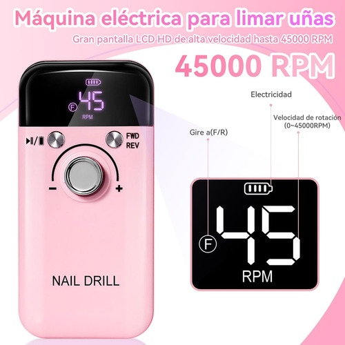 Pulidor De Uñas Profesional Portátil Con Pantalla Digital Rosa