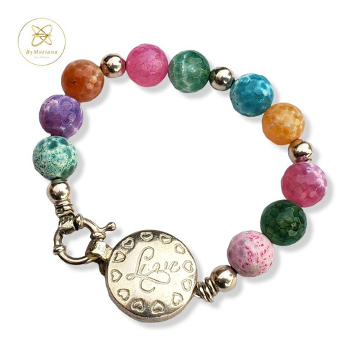 Imagen 5 de 8 de Pulsera Plata C/piedras Naturales De Colores Cierre Love