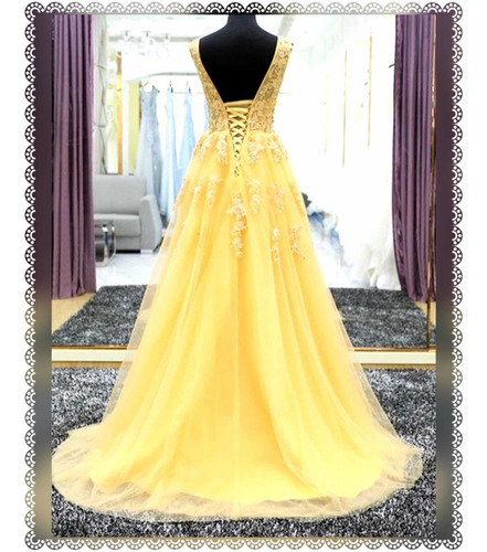 Vestido De Festas Princesa Kerry Yellow Com Tulle Pérolas
