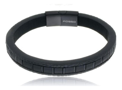 Bracelete Aço 21cm Couro Preto Gomos Couro Liso Quadrados