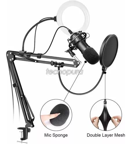 Soporte de brazo ajustable para micrófono con filtro antipop, araña y aro  de luz - Tecnopura