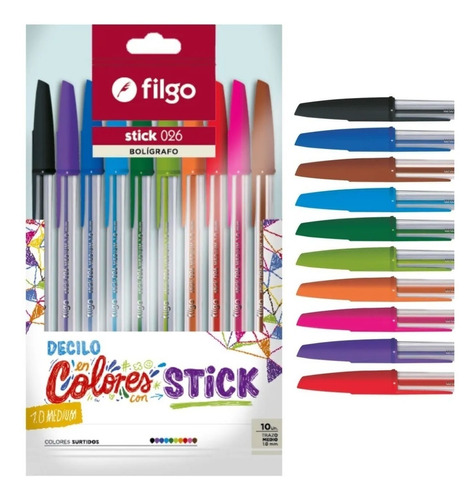 Pack 10 Lapiceras Stick Filgo Boligrafo Capuchon Colores 026