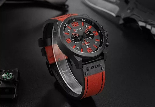 Relogio Masculino Curren Caixa 50mm Aço Inox Calendario Cronos Funcionais Couro Legitimo Vermelho Envio Imediato