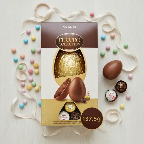 Embalagem frontal do Ovo de Páscoa Ferrero Collection 137,5g cercada por confeitos coloridos e fitas