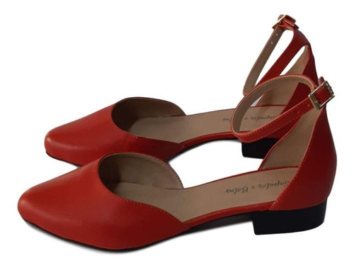 Scarpin Salto Baixo Ankle Strap Couro Coral