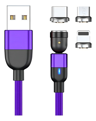 Cable Usb Magnético 3 En 1 Cargador De Celulares Color Morado 2M