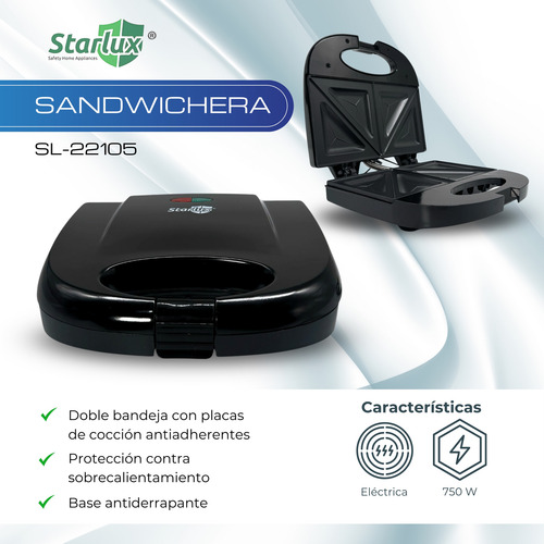 Sandwichera Starlux Doble Capacidad 750 Watts Sl-22105 Negro